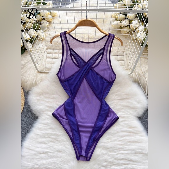 Sheer Mesh Bodysuit | Criss Cross Cutout One Piece - Picture 2 of 6